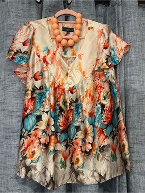 Elementz Cream Satin Blouse with Coral & Teal Floral Print